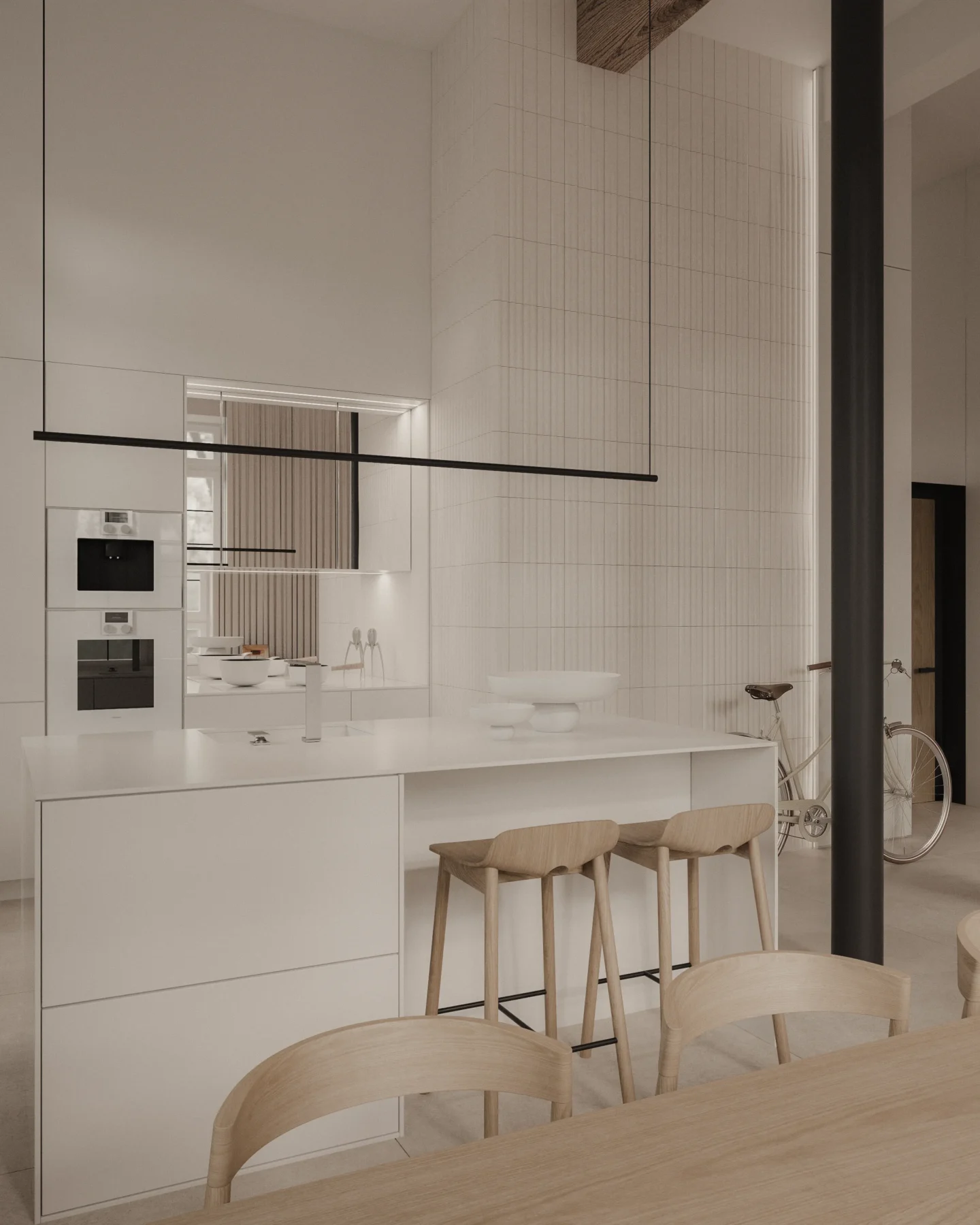 Projekt jasnej kuchni w stylu soft loft z białą wyspą, drewnianymi hokerami i czarnym industrialnym słupem konstrukcyjnym.
