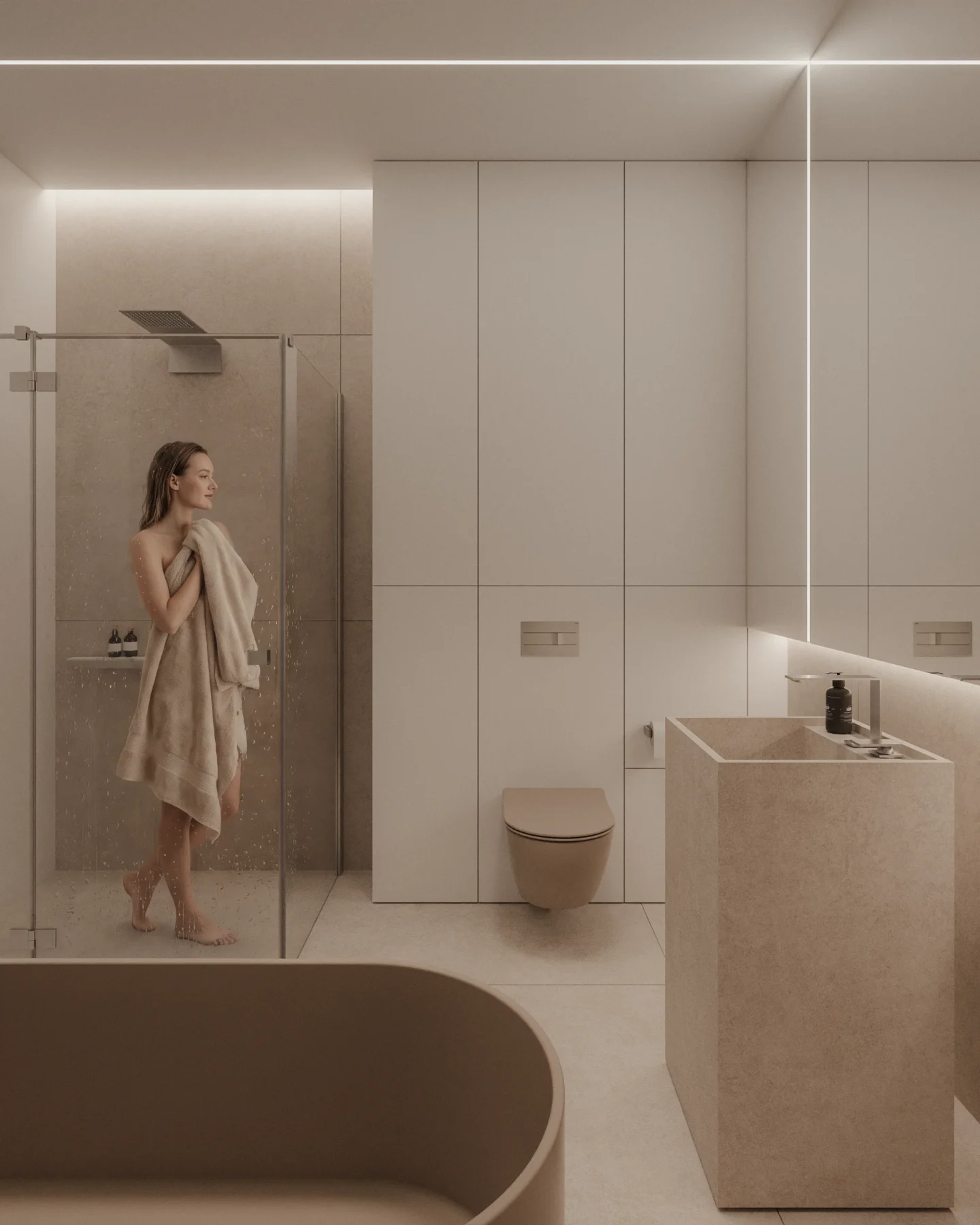 Minimalistyczna łazienka w stylu soft loft z kamienną umywalką wolnostojącą, prysznicem walk-in oraz ukrytym oświetleniem LED.