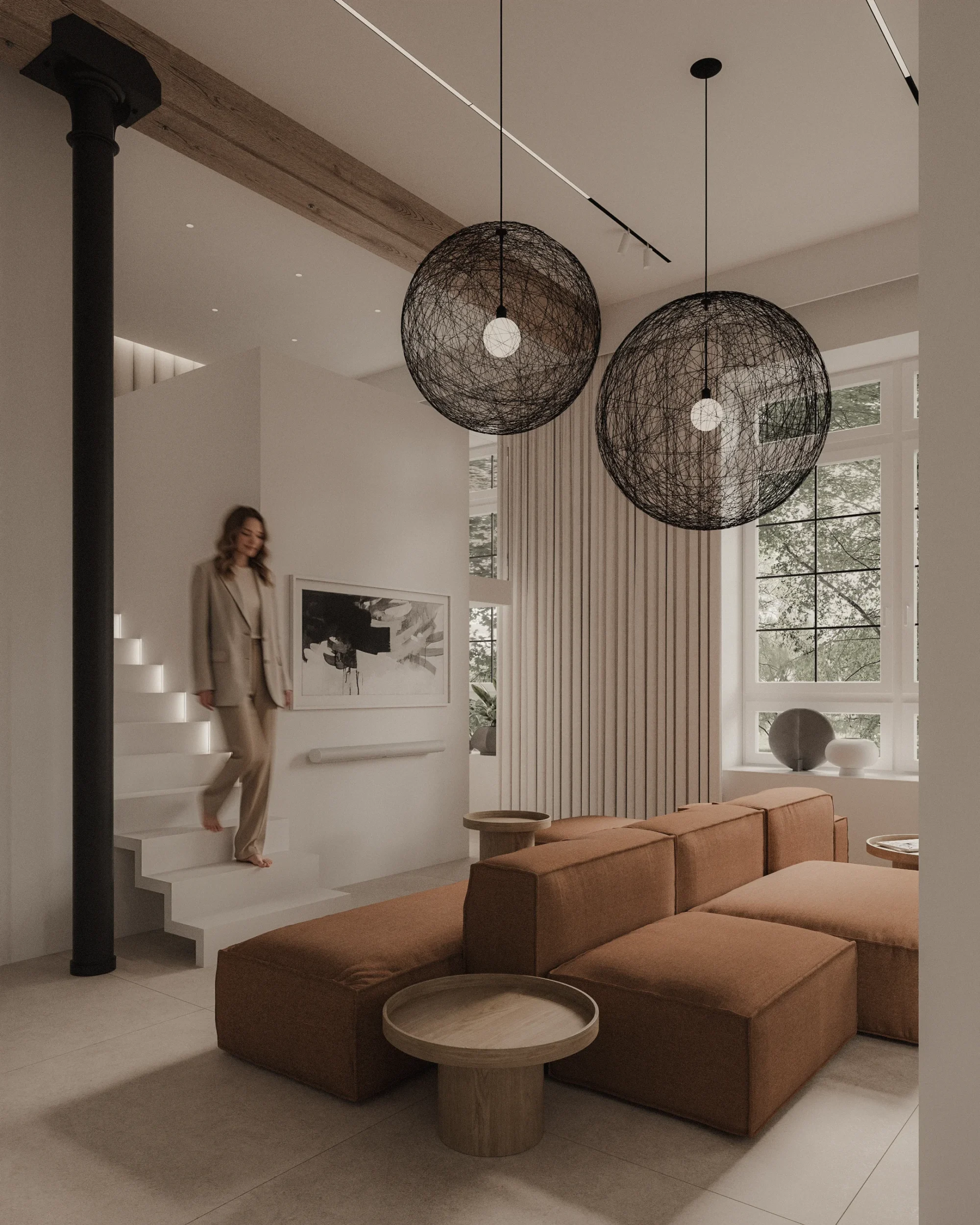 Projekt salonu w stylu soft loft z modułową sofą, antresolą, wysokimi oknami oraz otwartą strefą dzienną z jadalnią.