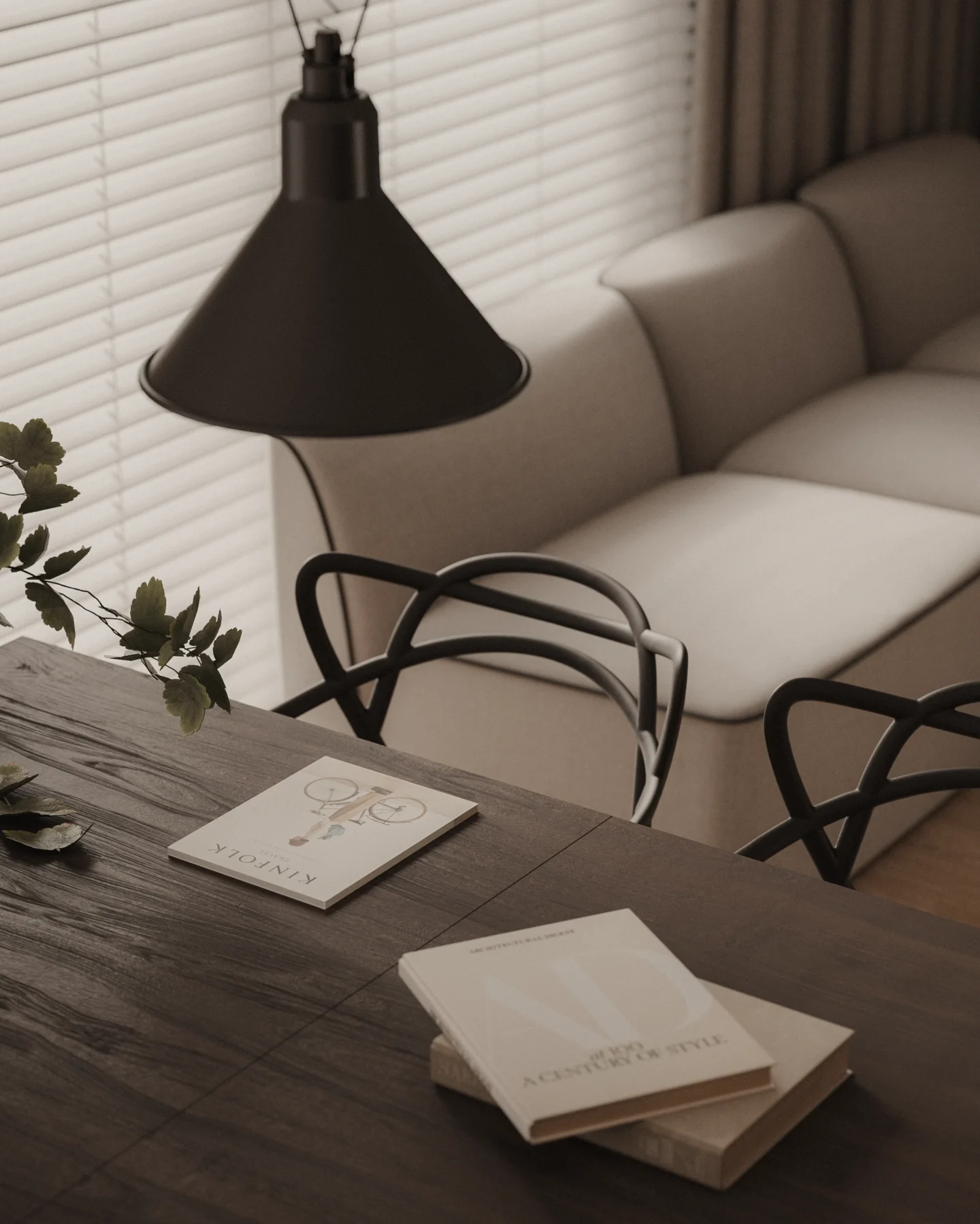 Detal projektu jadalni w stylu slow living z drewnianym stołem, nowoczesnym oświetleniem, designerskimi krzesłami i minimalistycznym salonem w tle.