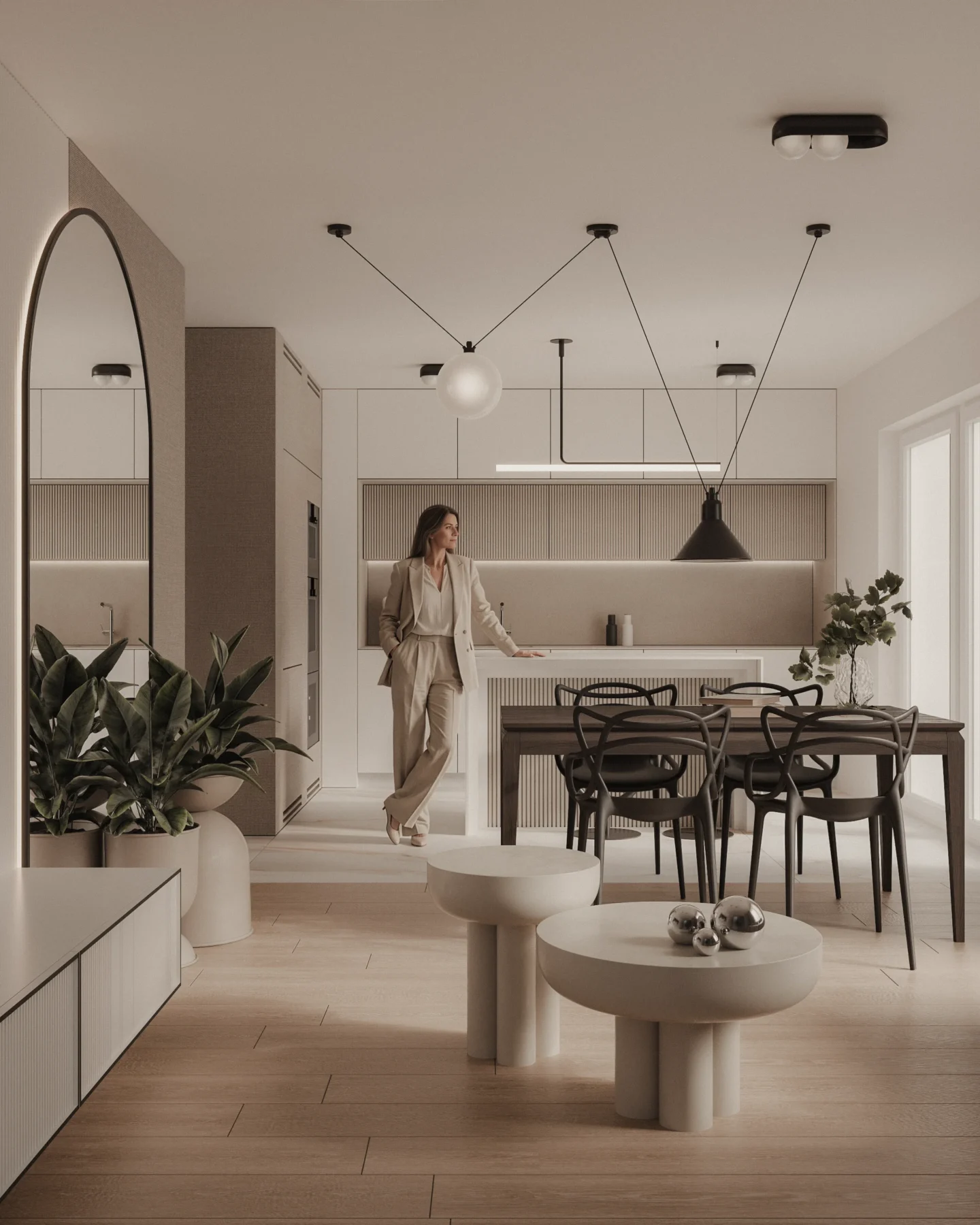 Projekt nowoczesnego wnętrza w stylu slow living z otwartą kuchnią, jadalnią i minimalistycznym salonem w ciepłych, naturalnych kolorach.