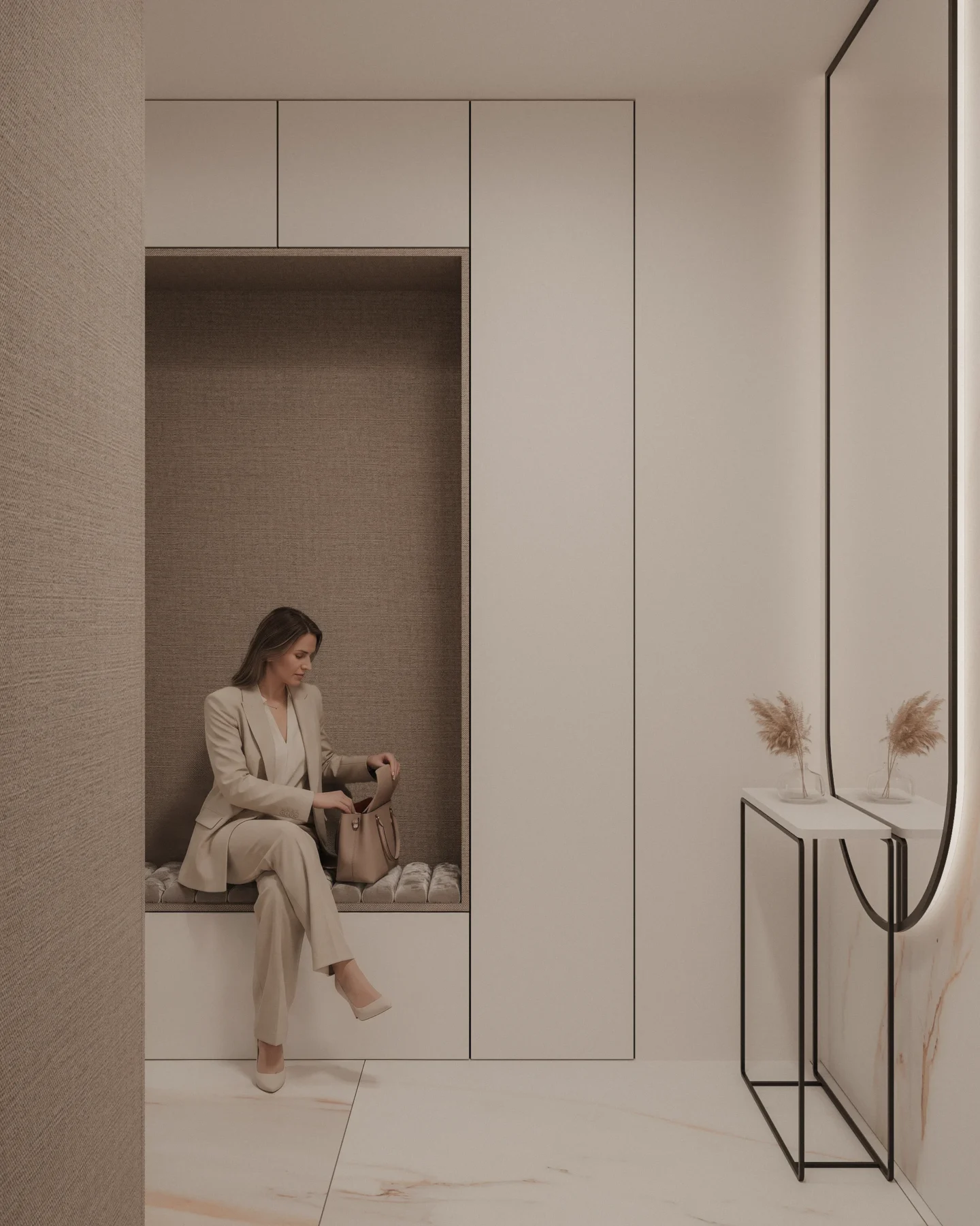 Projekt holu wejściowego w stylu slow living z zabudową na wymiar, siedziskiem we wnęce, dekoracyjnym lustrem i minimalistyczną aranżacją.