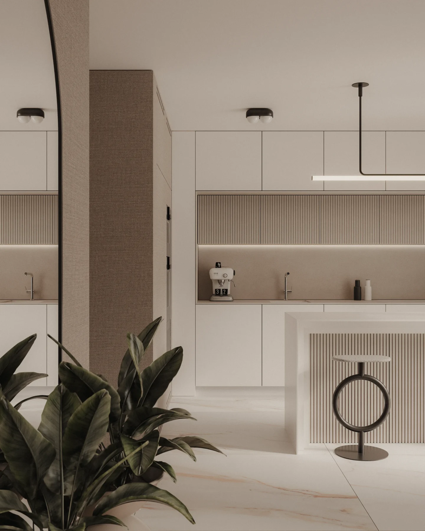 Projekt nowoczesnej kuchni w stylu slow living z minimalistyczną zabudową, wyspą kuchenną, ryflowanymi frontami oraz naturalną, stonowaną kolorystyką.