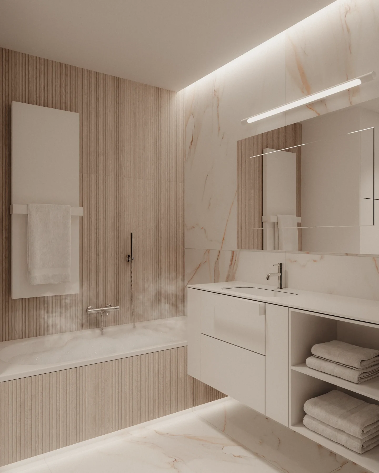 Projekt nowoczesnej łazienki w stylu slow living z wanną, minimalistyczną strefą umywalkową, ryflowanymi ścianami oraz wielkoformatowymi płytami imitującymi marmur.