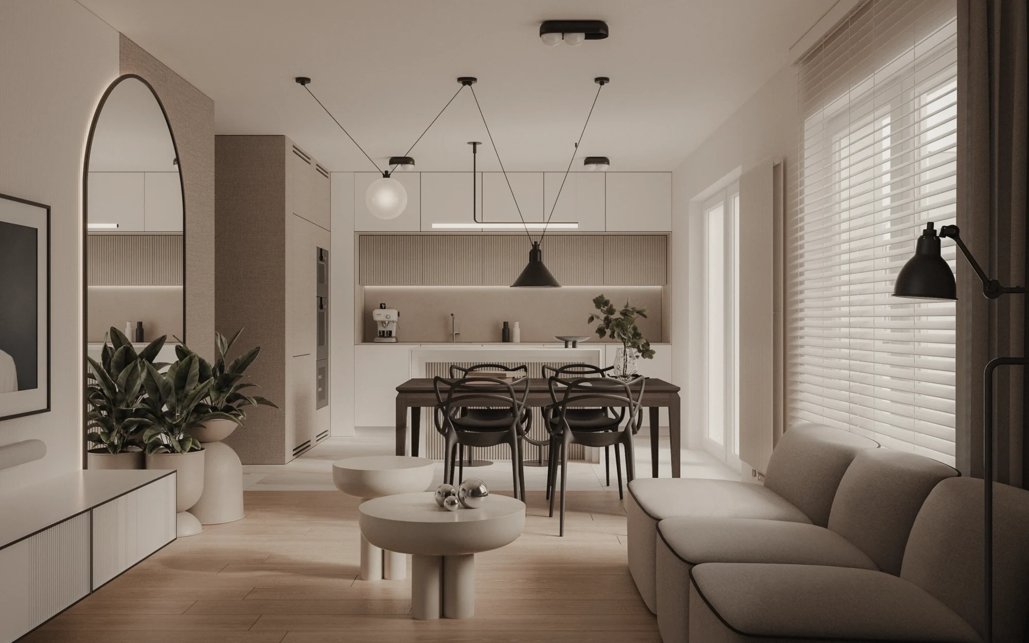 Projekt otwartej strefy dziennej w stylu slow living z minimalistycznym salonem, jadalnią i kuchnią oraz ciepłą paletą naturalnych materiałów.