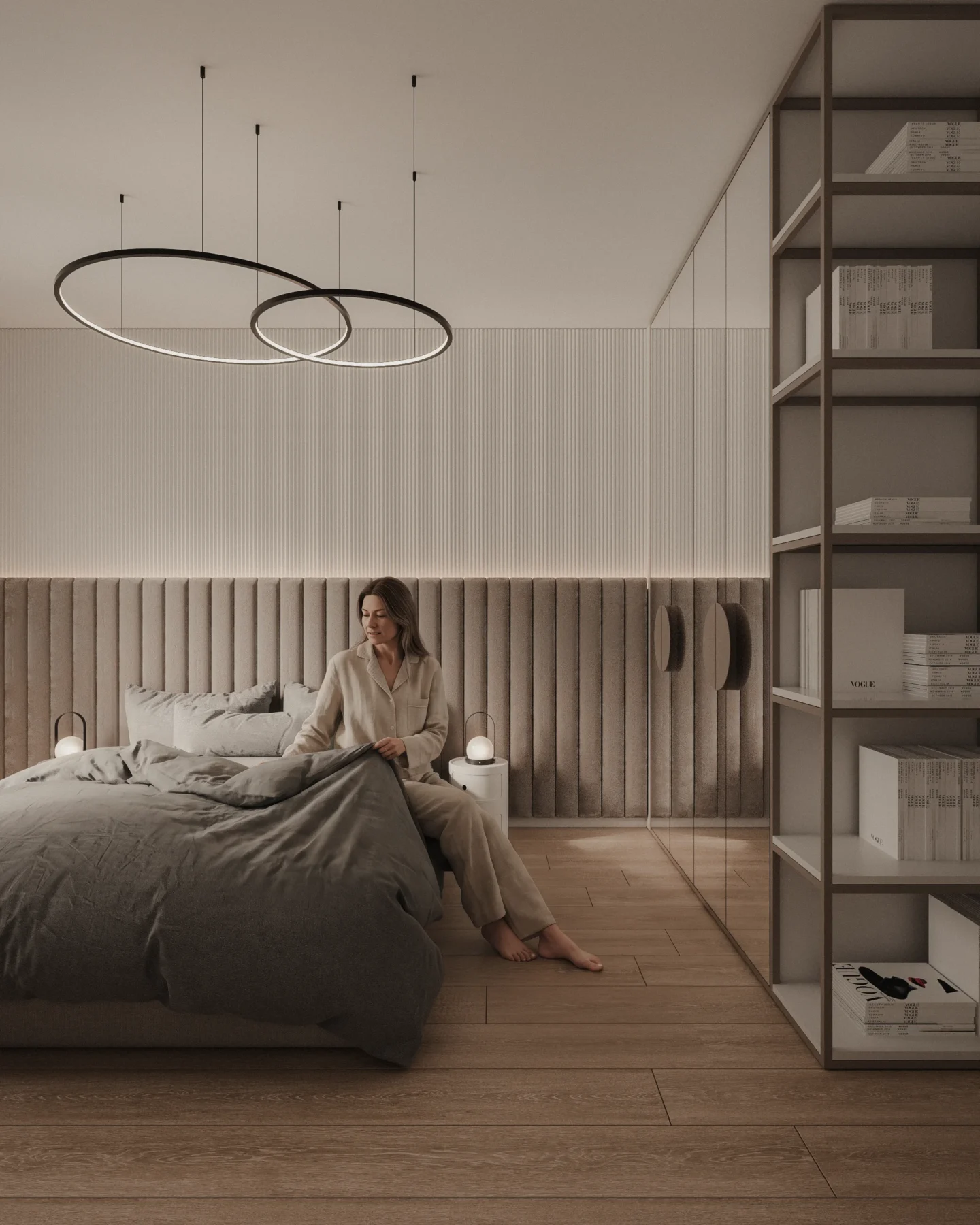 Projekt sypialni w stylu slow living z tapicerowanym łóżkiem, zabudową z lustrzanymi frontami, otwartym regałem i minimalistycznym oświetleniem.